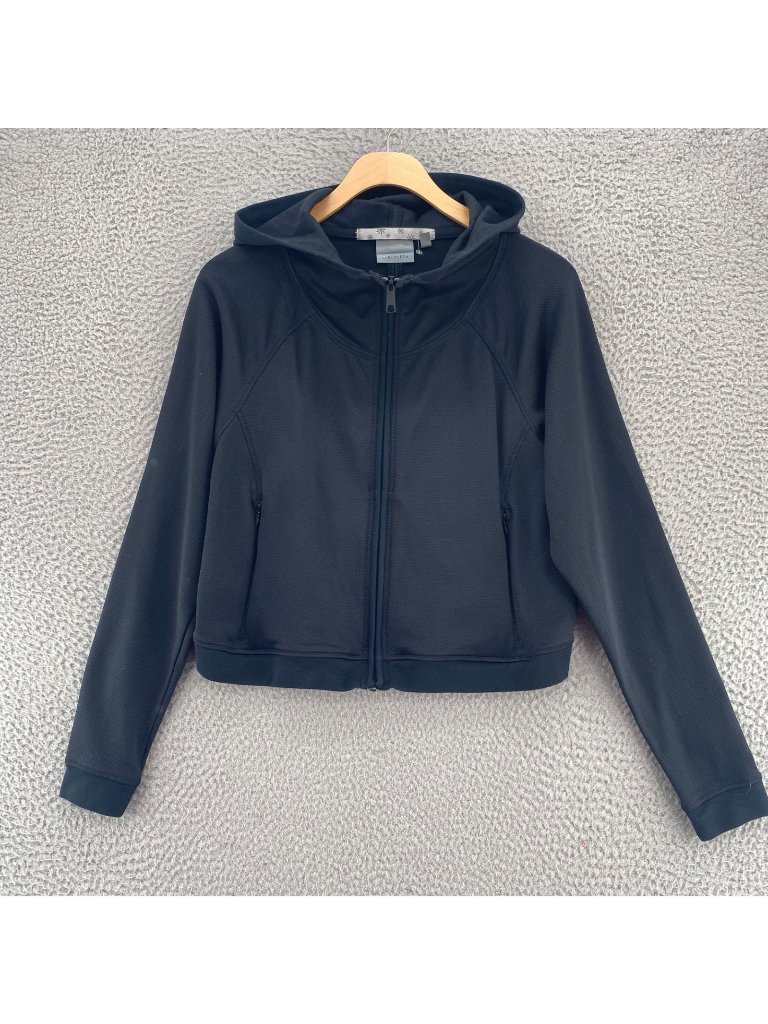 Athleta Jacket Womens Medium Black Swerve Pique Knit Cropped Hooded Long Sleeve*